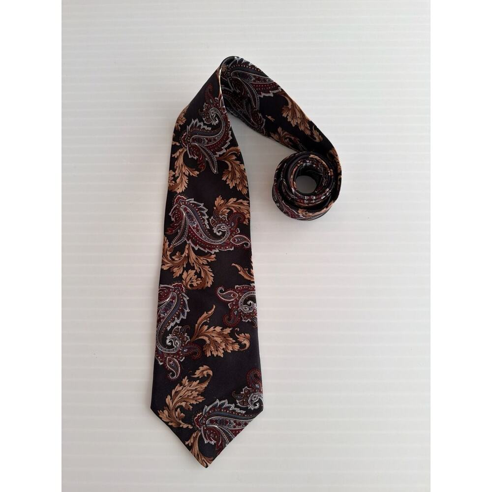 Mark Alexander Vintage 100% Silk Paisley & Floral Leaves Brown Gold Black Neckti